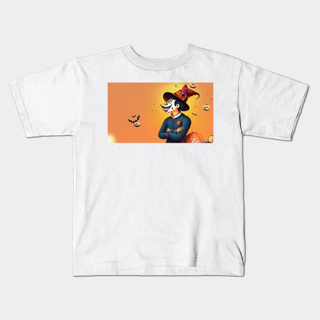 Cartoon man in witch hat surrounded by pumpkins Kids T-Shirt by Tee Trendz